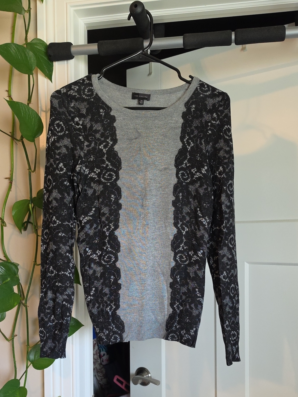 The Limited Gray Long-Sleeve Top with Black Lace Panels